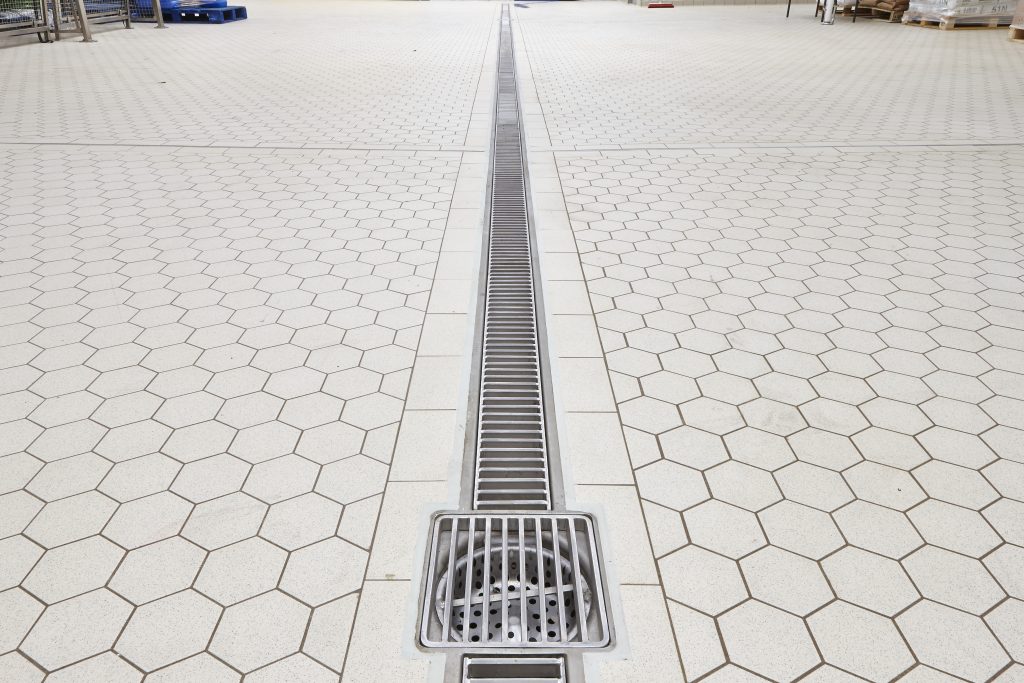 OzFlow stainless steel drain channel — AG Barr Brewery installation